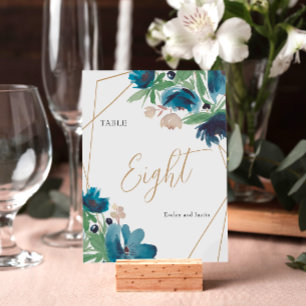 Numéro De Table Elégant bleu doré Floral Aquarelle Mariage