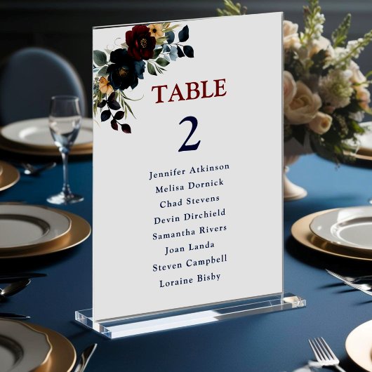 Numéro De Table Elégant bleu marine bordeaux fleurs mariage