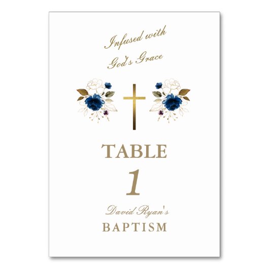 Numéro De Table Elégant Blue Flowers Gold Cross Boy Baptême (Par défaut)