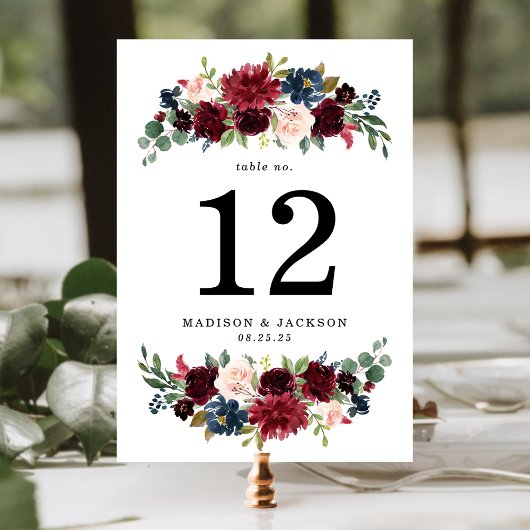 Numéro De Table Élégant Blush Bourgogne et Mariage floral de marin