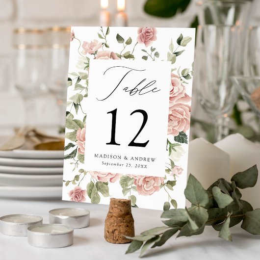 Numéro De Table Elégant Blush Roses et Mariage de verdure