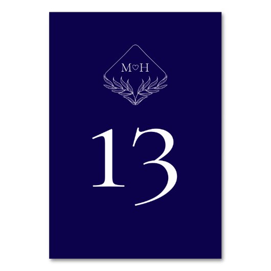 Numéro De Table Élégant Boho Leaf Monogramme Mariage bleu foncé (Dos)