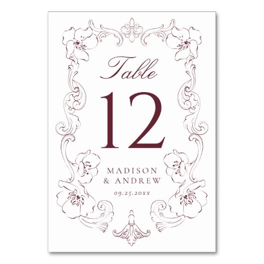Numéro De Table Elegant Burgundy Ornate Floral Frame Wedding (Par défaut)