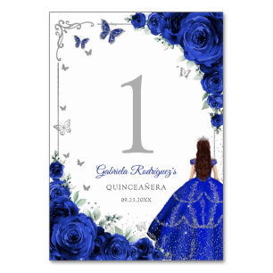 Numéro De Table Élégant Chic Roses Bleu Royal Argent Quinceanera