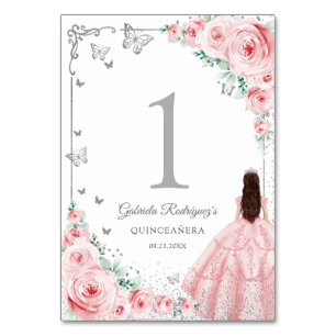 Numéro De Table Élégant Chic Roses Roses Quinceanera Argent