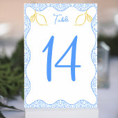Numéro De Table Élégant citron et carrelage bleu Mariage méditerra