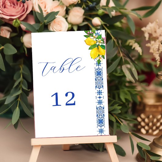 Numéro De Table Élégant citron et Mariage méditerranéen bleu