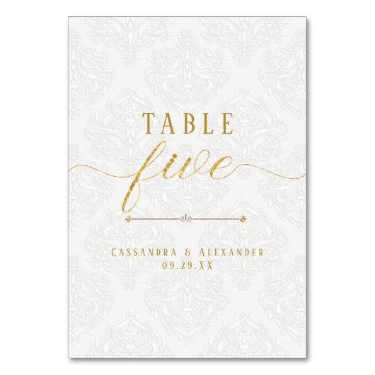Numéro De Table Élégant écriture dentelle blanche or 5 cinq mariag (Par défaut)