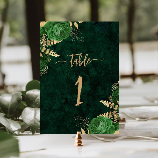 Numéro De Table Élégant Emerald Green Gold Floral Mariage