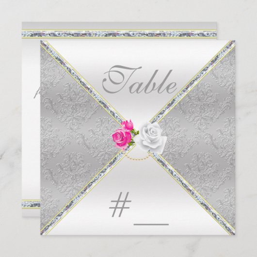 Numéro de table élégant en damas argenté et rose r (Devant / Derrière)