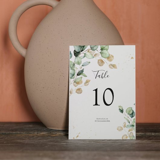 Numéro De Table Elégant Eucalyptus Verdure & Or Accents Mariage