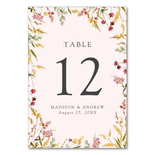 Numéro De Table Élégant Fleur sauvage d'été Mariage Blush (Par défaut)