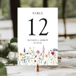 Numéro De Table Élégant Fleur sauvage Meadow Mariage<br><div class="desc">Elégantes cartes de numéro de table à mariage floral avec fleurs sauvages d'aquarelle et feuillage dans les tons rose, jaune, violet, bleu et vert bordant le fond du design. Le dessin se répète à l'arrière. Les cartes de table rustiques fleur sauvage mariage sont parfaites pour les mariages du printemps et...</div>