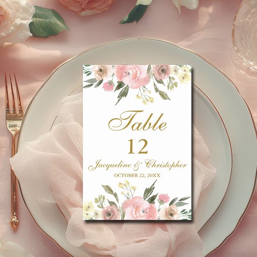 Numéro De Table Élégant floral Blush Pink Gold Script Numéro de ta