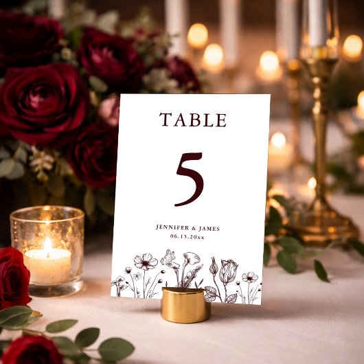 Numéro De Table Elegant Floral Burgundy Wedding 