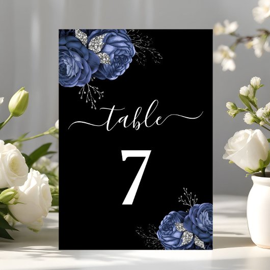 Numéro De Table Élégant floral noir bleu 