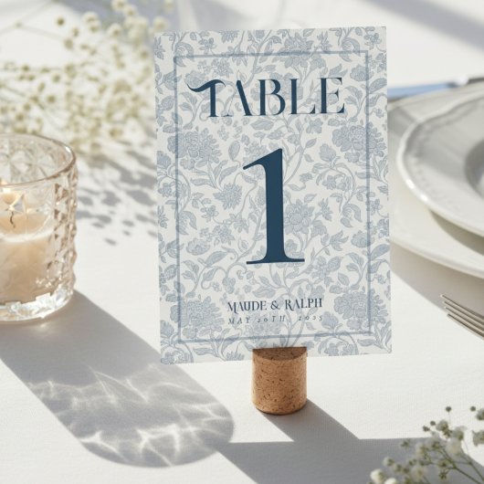 Numéro De Table Elegant Floral Toile Script Blue Wedding