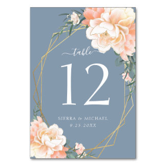 Numéro De Table Élégant flou broche bleu Dusty Mariage or