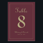 Numéro De Table Elégant Gold Burgundy Mariage Réception Dîner<br><div class="desc">Mariage Table Numéro événement design de signe de fête dispose d'une élégance classique avec la couleur or chic contemporain sur un arrière - plan bordeaux classique. Personnalisez la conception de table mariage avec votre nom, votre date de mariage et votre numéro de table dans les lettres et le script tendance....</div>
