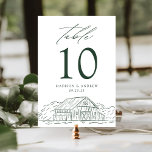 Numéro De Table Élégant Green Rustic Barn Mariage<br><div class="desc">Cartes de numéro de table de grange rustique avec une illustration esquissée d'une grange et d'une forêt vert foncé au fond du dessin avec un arrière - plan blanc. "Tableau" est affiché en calligraphie verte de forêt élégante avec le numéro de tableau ci-dessous. Personnalisez la carte avec vos noms et...</div>