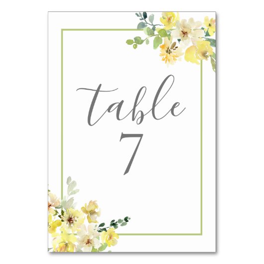 Numéro De Table Élégant jaune Floral Sage Vert Mariage d'été (Dos)