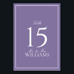 Numéro De Table Élégant Lavender Lavender Classic Script Mariage<br><div class="desc">Un numéro de table classique et élégant de mariage de lavande lilas, avec calligraphie de script. Parfait pour la mariée moderne ayant une liaison formelle. Voir la suite ici : https://www.zazzle.com/collections/elegant_lilac_lavender_classic_script_wedding-119845502590580190 Contacter le concepteur pour les produits correspondants pour compléter la suite, OU pour les variations de couleur de ce design....</div>