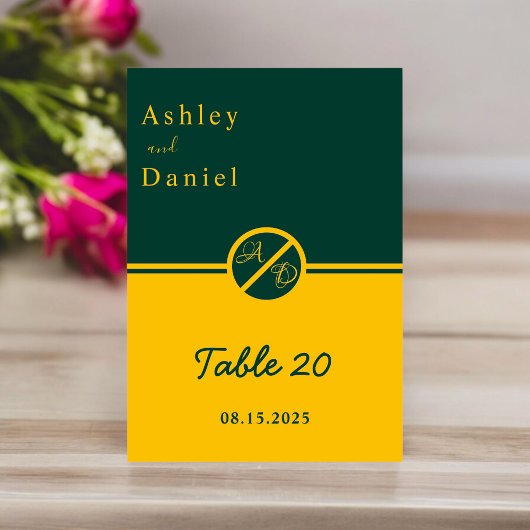 Numéro De Table Élégant Luxe Vert Et Or Monogramme Mariage