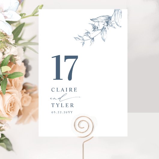 Numéro De Table Élégant Mariage Botanique Minimal Bleu