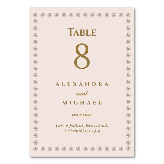 Numéro De Table Elégant Mariage chrétien perle rose beige (Dos)