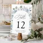 Numéro De Table Élégant Mariage d'arc floral bleu Dusty<br><div class="desc">Elégante carte de numéro de table mariage florale avec le numéro de table, vos noms, et date de mariage à l'intérieur d'un arc floral de roses bleu et blanc poussiéreux, hydrangées, feuilles d'eucalyptus luxuriants, et verdure. Les numéros des tables à fleurs poussiéreuses sont parfaits pour votre mariage de printemps ou...</div>