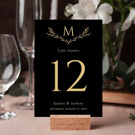 Numéro De Table Élégant Mariage de couronne de monogramme noir et