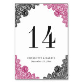 Numéro De Table Élégant Mariage de dentelle rose chaud et noir flo (Dos)