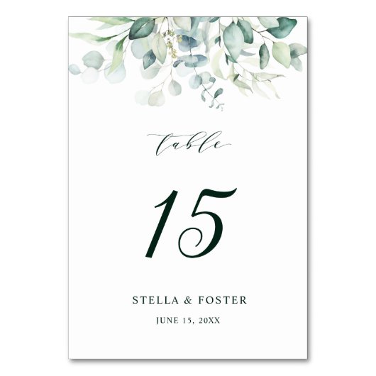 Numéro De Table Elégant Mariage de feuillage vert aquarelle (Dos)