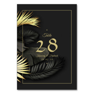 Numéro De Table Élégant Mariage de feuille tropicale Noir & Or