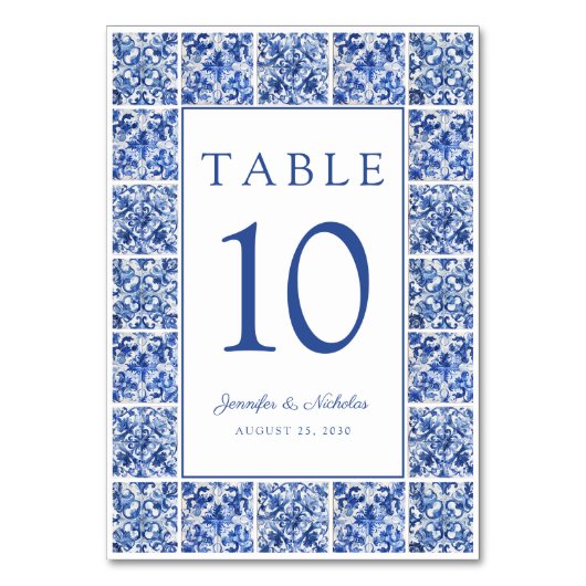 Numéro De Table Elégant Mariage de tuiles Bleues Méditerranéennes (Par défaut)