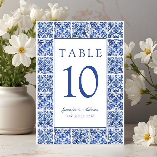 Numéro De Table Elégant Mariage de tuiles Bleues Méditerranéennes