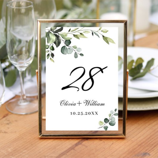 Numéro De Table Elégant Mariage Eucalyptus aquarelle