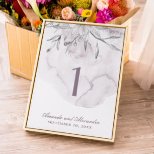 Numéro De Table Élégant mariage floral aquarelle poussiéreux viole