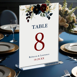 Numéro De Table Élégant mariage floral bleu marine bordeaux