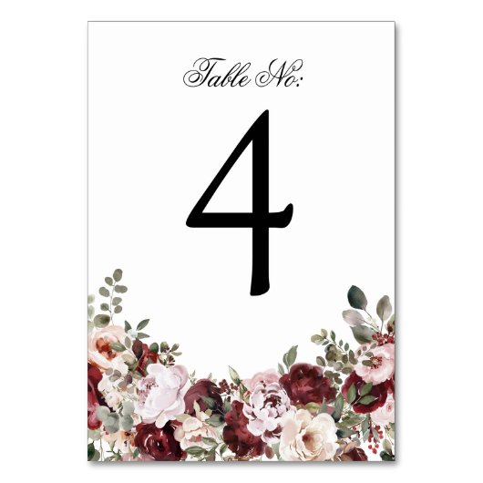 Numéro De Table Elégant Mariage floral Bourgogne et bleu (Par défaut)