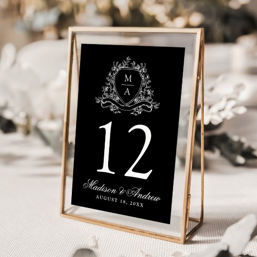 Numéro De Table Élégant Mariage Floral Crest Monogramme noir
