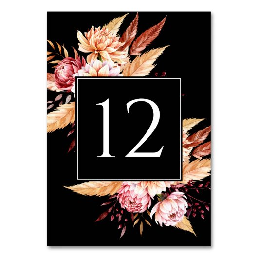 Numéro De Table Élégant Mariage floral de Boho noir (Dos)