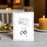 Numéro De Table Élégant Mariage floral dentelle Vintage<br><div class="desc">Ajoutez une touche d'élégance intemporelle à vos tables mariages avec cette carte de numéro de table d'inspiration vintage. Doté d'une bordure en dentelle délicate, d'une illustration de bouquet floral doux et d'une typographie raffinée, ce design est parfait pour des thèmes mariages vintages, formels ou romantiques. Customisez avec vos numéros de...</div>