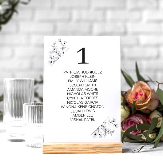 Numéro De Table Élégant Mariage floral noir et blanc