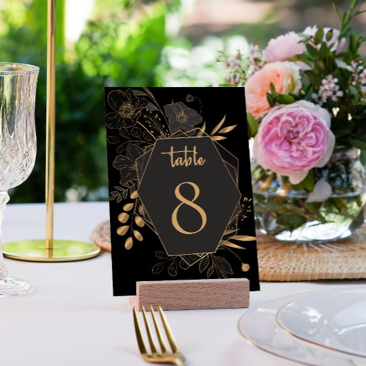 Numéro De Table Élégant Mariage Floral Noir & Or