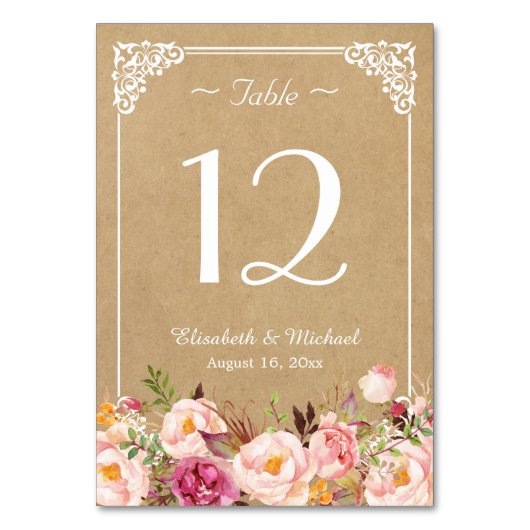 Numéro De Table Élégant Mariage Floral Rustique Kraft Numéro de ta (Par défaut)