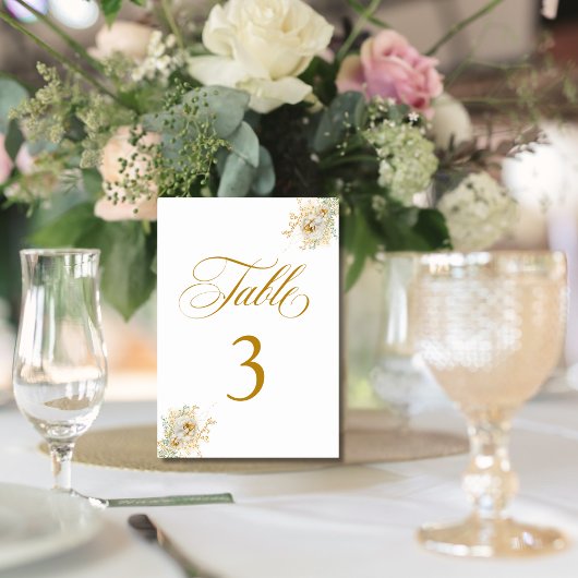 Numéro De Table Élégant Mariage Floral Script or Tableau Numéro 3