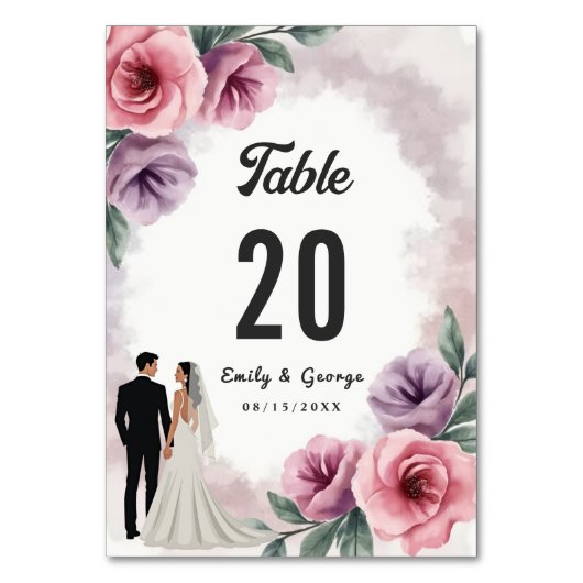 Numéro De Table Elégant Mariage floral violet Dusty (Dos)