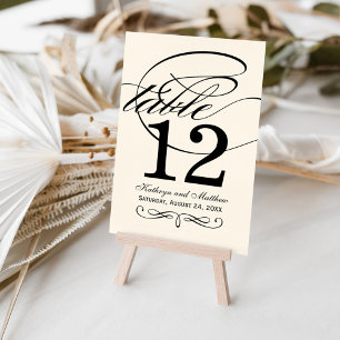 Numéro De Table Élégant Mariage Monogramme Calligraphie Noir Ivoir