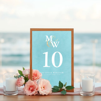 Numéro De Table Élégant Mariage Monogramme de verre marin